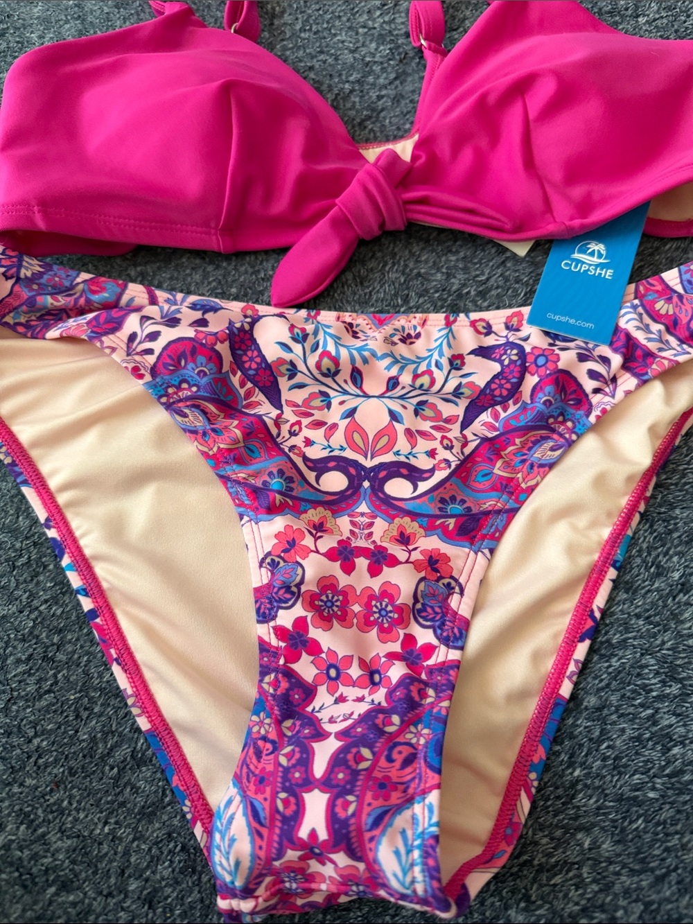 Cupshe Hot Pink Knot-Front Bikini with Multicolor Paisley Bottoms - Picture 3 of 5